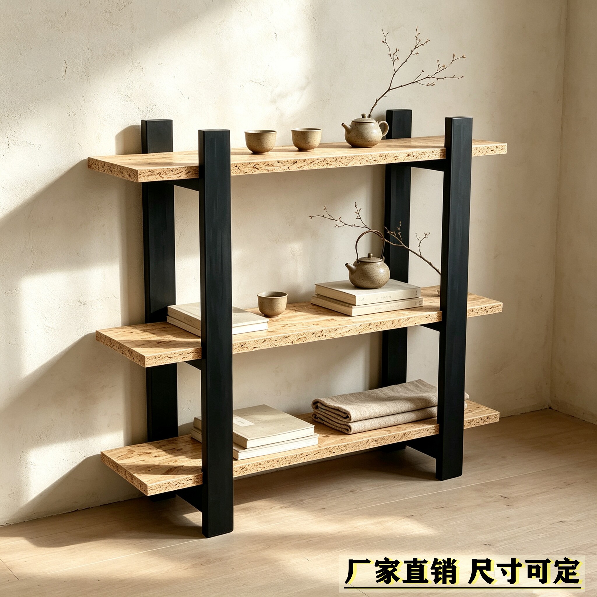 侘寂风木艺实木置物架欧松木多层书架卧室收纳架酒架电视柜展示架
