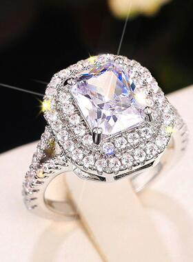 轻奢几何轻奢经典ins戒指女 豪华时尚群镶公主方形指环 求婚戒指