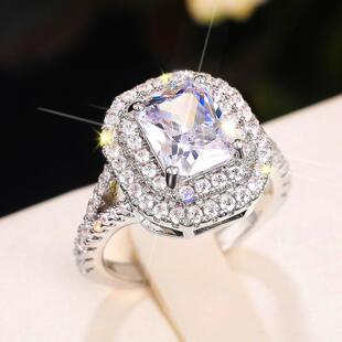 轻奢几何轻奢经典 豪华时尚 群镶公主方形指环 求婚戒指 ins戒指女