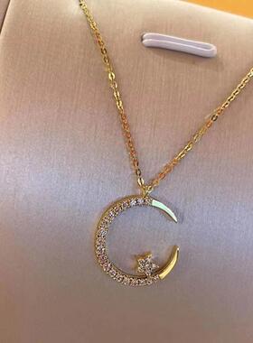 欧美新款满钻星星月亮项链女 精致小众设计奢华简约镶钻吊坠