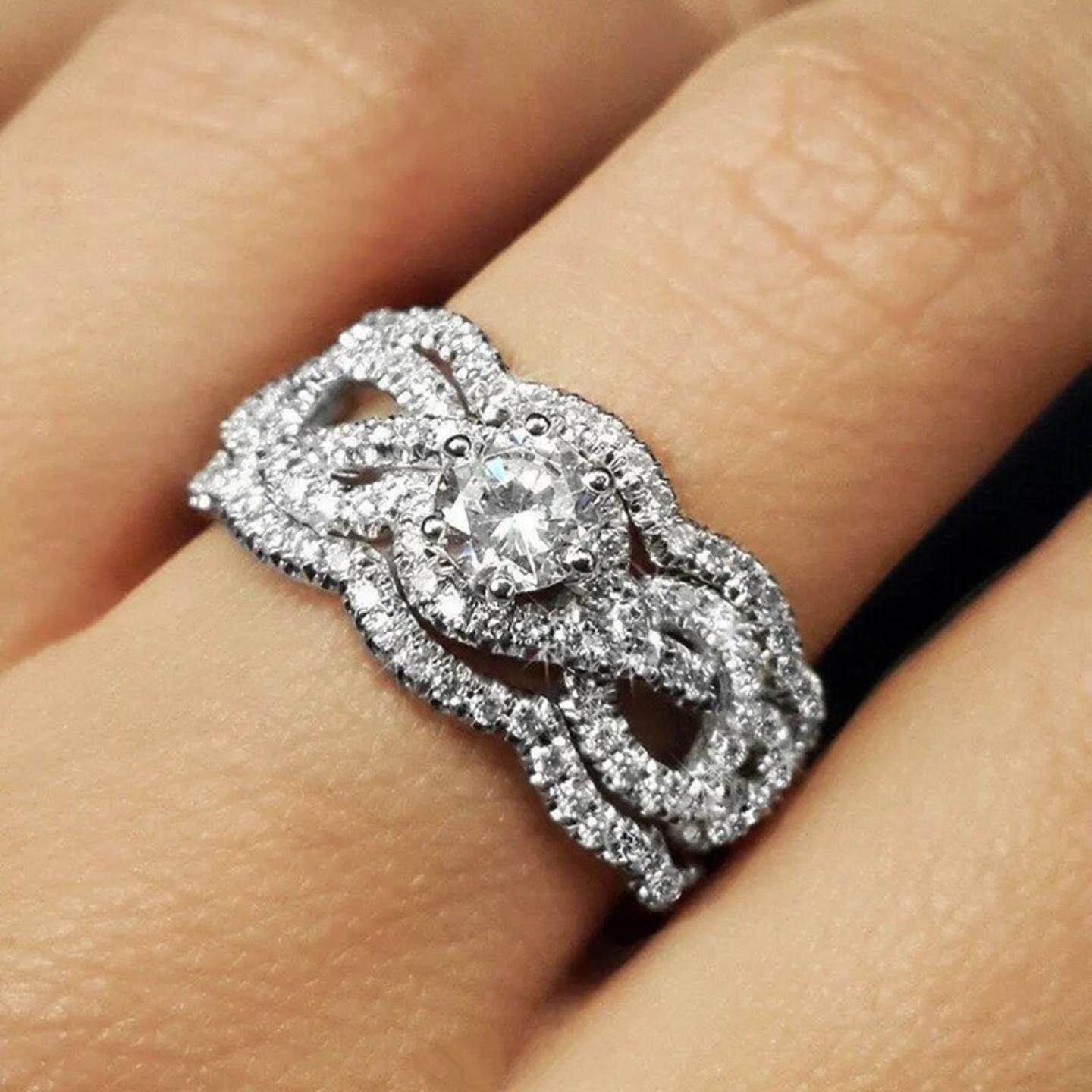 轻奢新款重工奢华戒指 欧美微镶锆石三套戒 气质几何波浪女戒指环