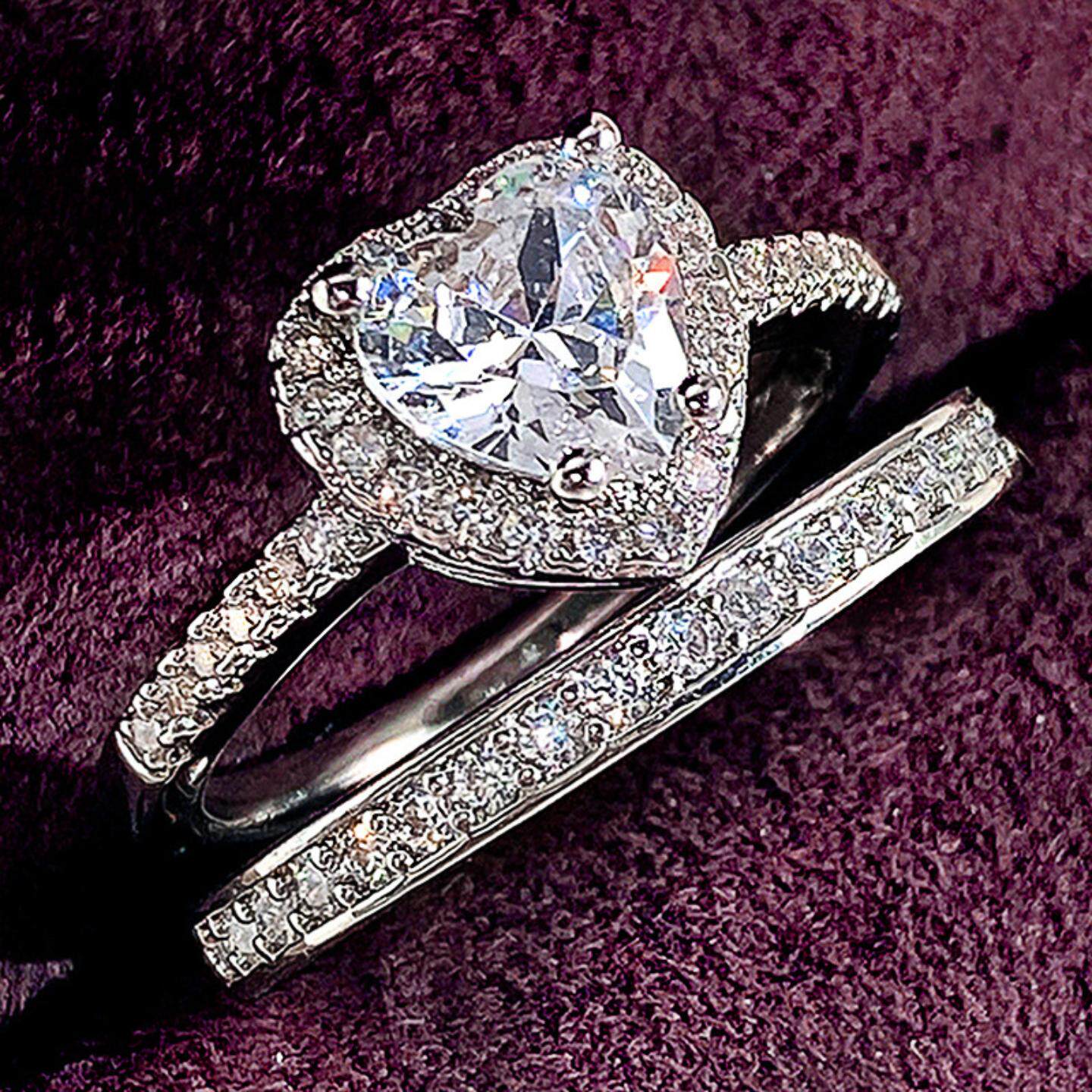 轻奢外贸爆品 时尚双层二合一组合套戒 欧美爱心锆石女式戒指