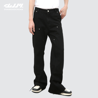 山小川潮牌美式工装牛仔裤男女高街vibe风微喇叭黑色显瘦柳钉裤子