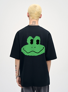 山小川潮牌青蛙印花短袖男夏季纯棉宽松笑脸卡通黑色潮流男生t恤