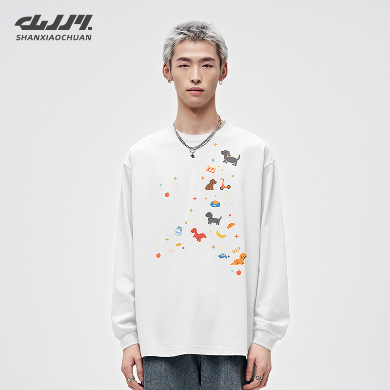 山小川小狗贴纸长袖t恤男秋季圆领宽松纯棉卡通男生上衣打底衫