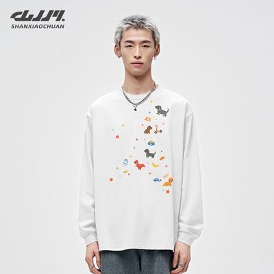 山小川小狗贴纸长袖t恤男秋季圆领宽松纯棉卡通男生上衣打底衫