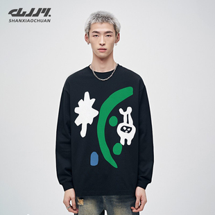 山小川潮牌春秋季长袖t恤男纯棉国潮2025新款全棉情侣款男生体恤