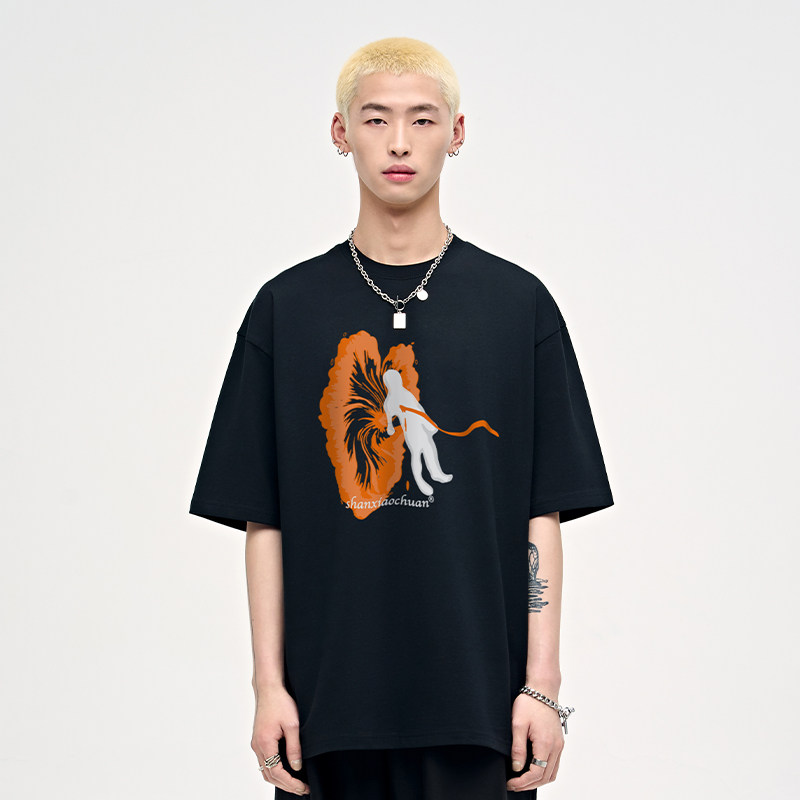 人物抽象印花美式短袖t恤夏季纯棉重磅高街男生圆领宽松上衣男款