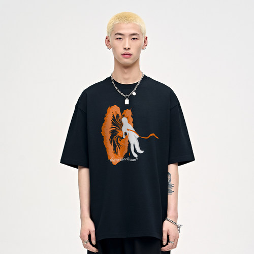 人物抽象印花美式短袖t恤夏季纯棉重磅高街男生圆领宽松上衣男款