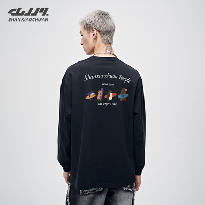 山小川潮牌卡通长袖t恤男秋冬季宽松休闲上衣男生重磅纯棉打底衫