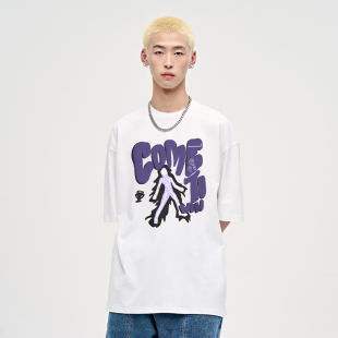 重磅宽松纯棉情侣装 t恤美式 男生上衣 短袖 山小川潮牌字母印花男士