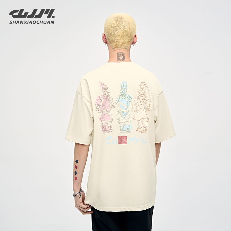山小川国潮男短袖t恤兵马俑印花夏季重磅纯棉男生宽松情侣装衣服