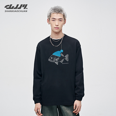 山小川鱼图案长袖t恤男款纯棉2025新款秋冬季男生上衣内搭打底衫