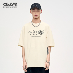 山小川潮牌夏日系复古趣味卡通印花T恤宽松圆领休闲潮流短袖 男女