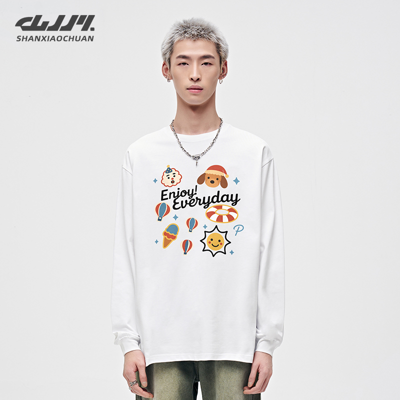 山小川潮牌美式打底衫长袖T恤男女春秋季宽松纯棉男生重磅上衣服