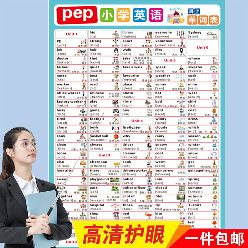 人教版三起点PEP3-6年级英语单词表自然拼读48音标贴图墙贴纸挂图
