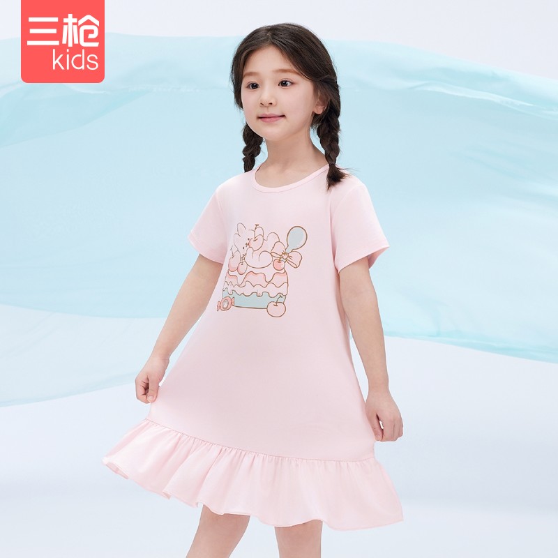 三枪轻风木代尔女童圆领短袖夏薄款A类浅粉淡紫学生家居中款睡裙