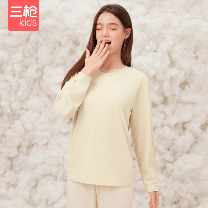 三枪女童圆领上衣免文胸弹力棉薄款春秋贴身A类胸垫打底家居上衣