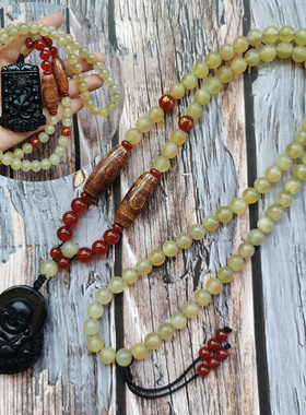 原创无事牌黑曜石本命佛坠羊角佛珠情侣项链 男女长款毛衣链饰品