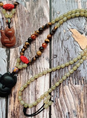 原创民族风天然羊角佛珠项链 男士女士狐狸吊坠时尚长款毛衣链