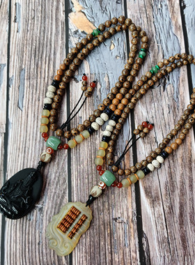 原创民族风无事牌吊坠天然菩提子佛珠项链男士女士长款情侣毛衣链