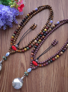 复古民族风苗银女士原创佛珠项链