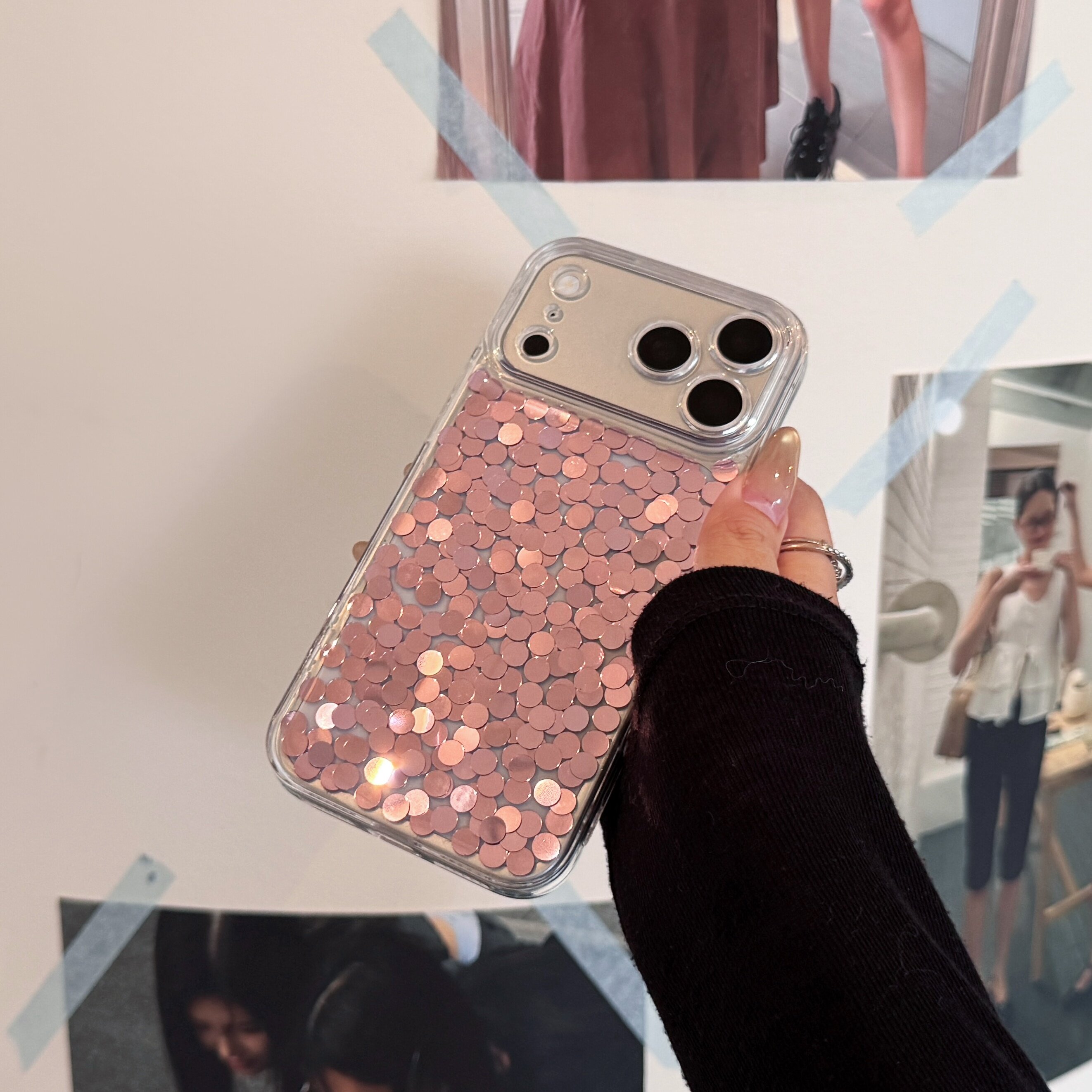 ins韩系粉色亮片 苹果iPhone18ProMax手机壳17promax 手工原创高级巨好看少女心亮晶晶 16/15独特保护套软壳