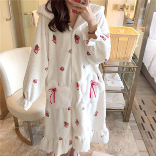 睡袍女秋冬珊瑚绒加厚保暖法兰绒睡衣韩版清新学生睡裙家居服长款