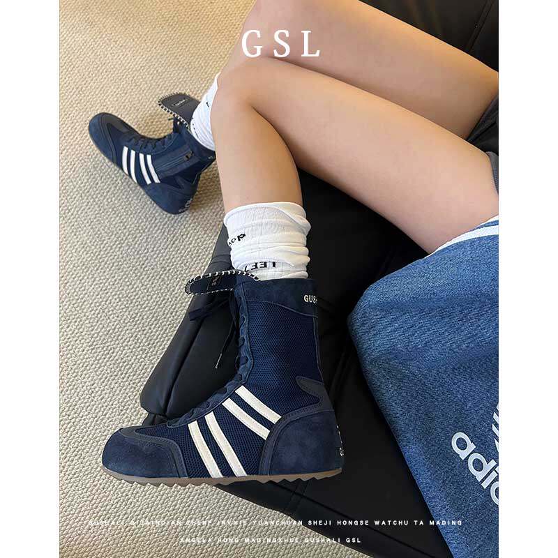 德训鞋女2026新款秋款蓝色鞋子薄底内增高休闲鞋透气阿甘运动鞋子