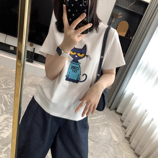 青春bible~超可爱 26年春夏系列 趣味卡通喵咪图案T恤圆领短袖女