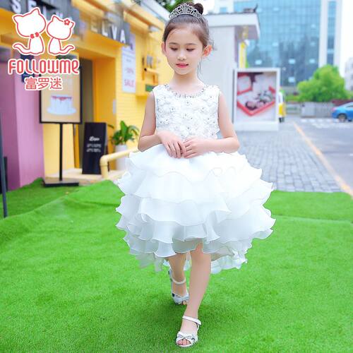 富罗迷女童水钻拖尾礼服裙春季新款小女孩公主裙主持表演服蛋糕裙