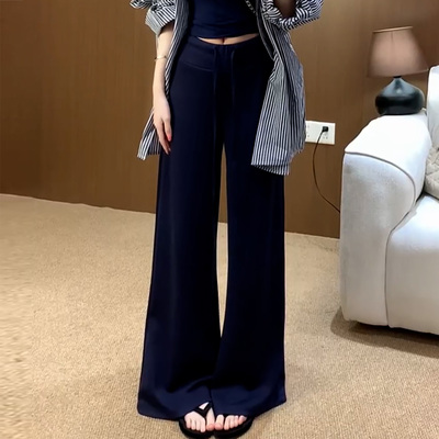 藏青色高腰垂感显瘦直筒卫裤女