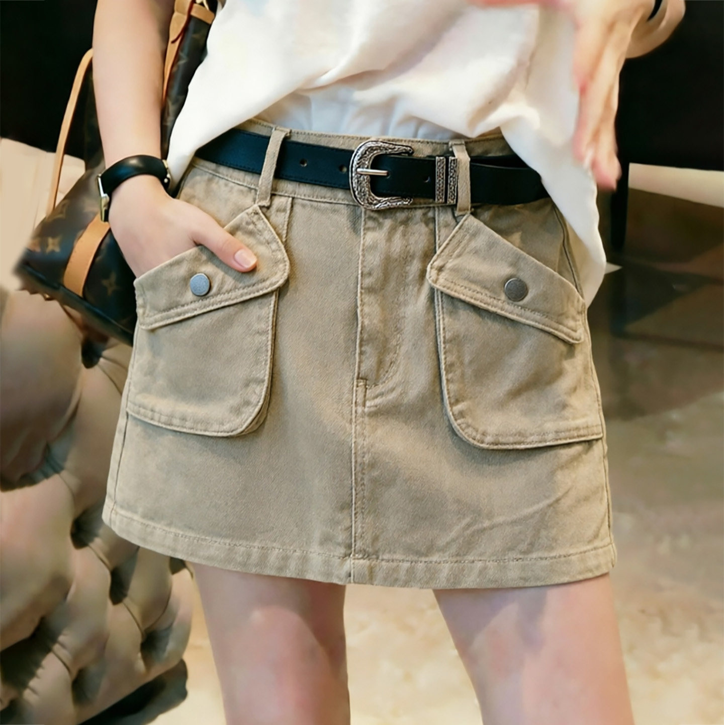 2026夏季美式复古高腰配皮带防走光牛仔裙女百搭小个子a字半身裙