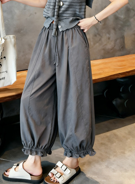 2026春夏新款小个子灰色木耳花边九分灯笼裤女直筒休闲花苞阔腿裤
