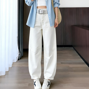 子 女胖mm宽松显瘦高腰直筒阔腿拖地裤 2025春秋大码 弯刀白色牛仔裤