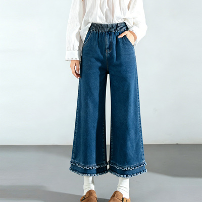 日系甜美木耳边松紧阔腿牛仔裤