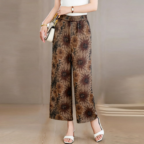 松紧腰垂感太阳花亚麻九分阔腿裤