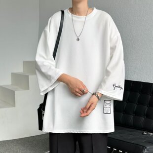 夏天短袖t恤男七分袖春夏季时尚男装港风薄款上衣宽松ins潮流衣服