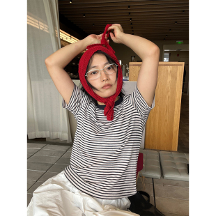 小众表妹 条纹T恤 正肩圆领韩系小版