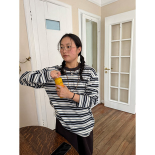 小众表妹 条纹很有活力感男女同款 松弛感长袖 T恤套头卫衣 超爱