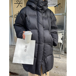 小众表妹黑色90白鸭绒羽绒服女冬季中长款连帽保暖加厚外套羽绒衣