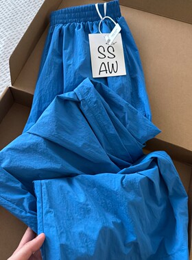 克莱因蓝色夏季冰丝凉凉速干长裤高级感宽松美式时尚褶皱阔腿裤女