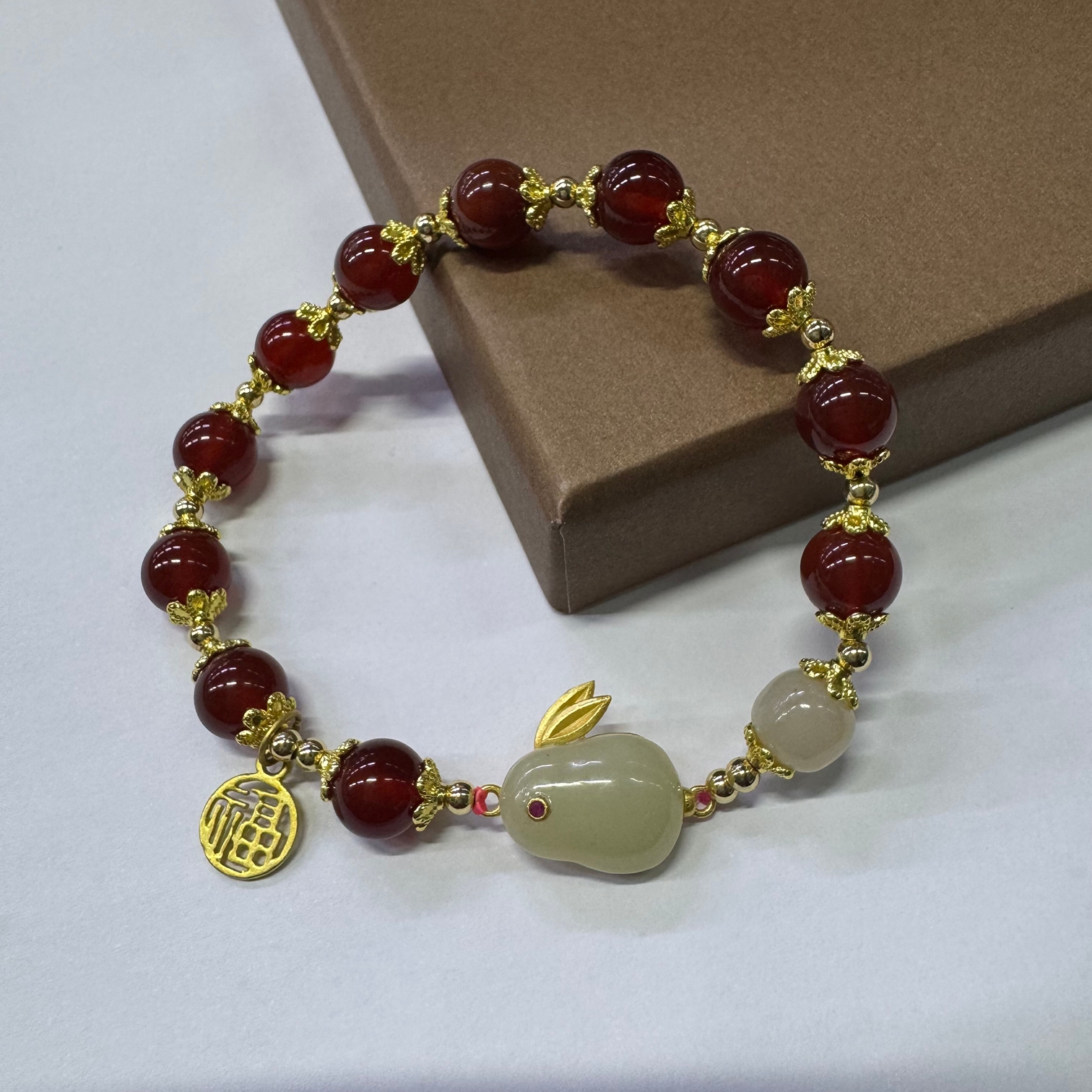 【清货】复古红玛瑙银镀金和田兔子手链女招财转运本命年福字手串