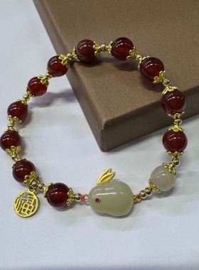 【清货】复古红玛瑙银镀金和田兔子手链女招财转运本命年福字手串