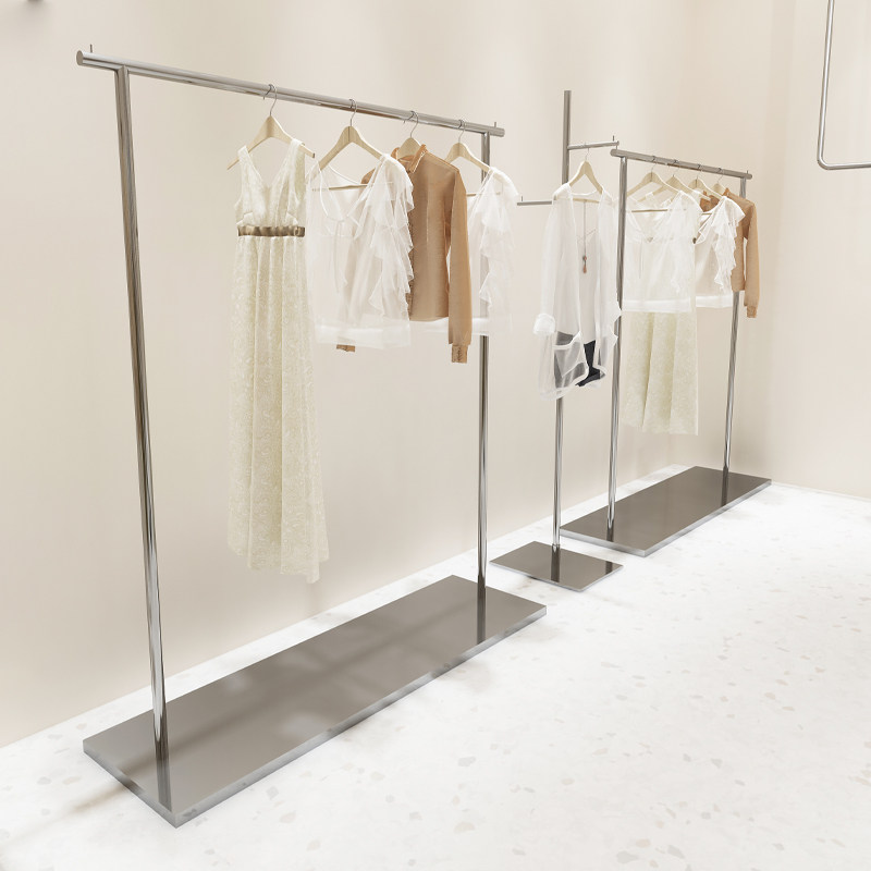 服装店落地式展示架不锈钢拉丝男女童装店专用中岛货架银色挂衣杆