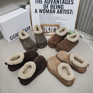 2025冬季 毛毛口磨砂皮一脚蹬加绒女鞋 百搭 大头厚底勃肯鞋 TTRR正品