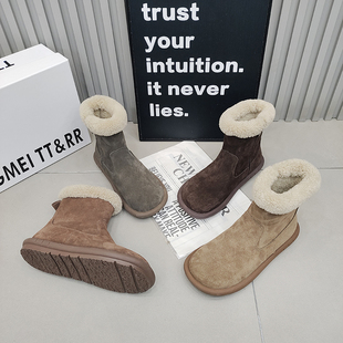 TTRR正品 复古百搭潮 雪地靴磨砂皮侧拉链毛毛口加绒女短靴2025冬季