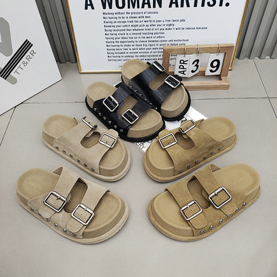TTRR正品柳钉一字带扣厚底女鞋拖