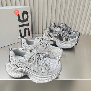 轻便四季 款 网透气增高女鞋 拼接绑带韩版 2026春款 品品松糕底老爹鞋