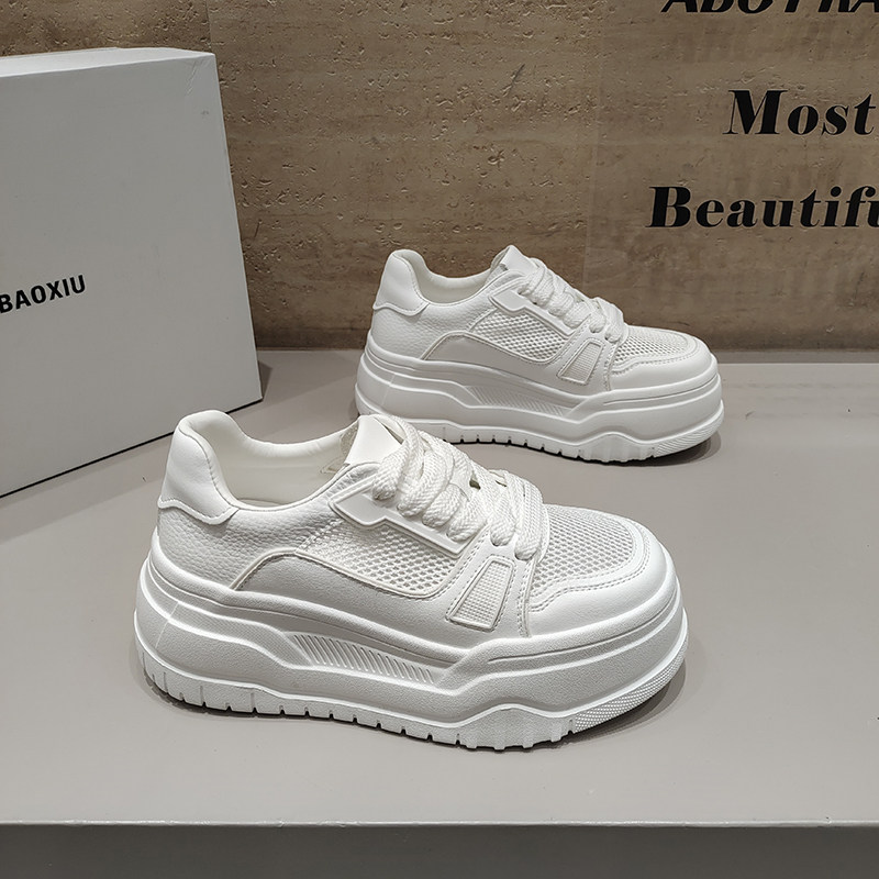 巴宝秀BABAOXIU超轻松糕底小白鞋单网透气拼接韩版绑带女鞋2026夏